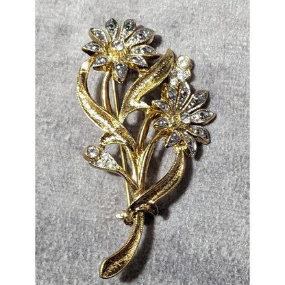 Vintage Floral Silver And Gold Tone Rhinestone Brooch