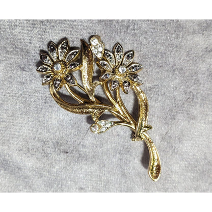 Vintage Floral Silver And Gold Tone Rhinestone Brooch