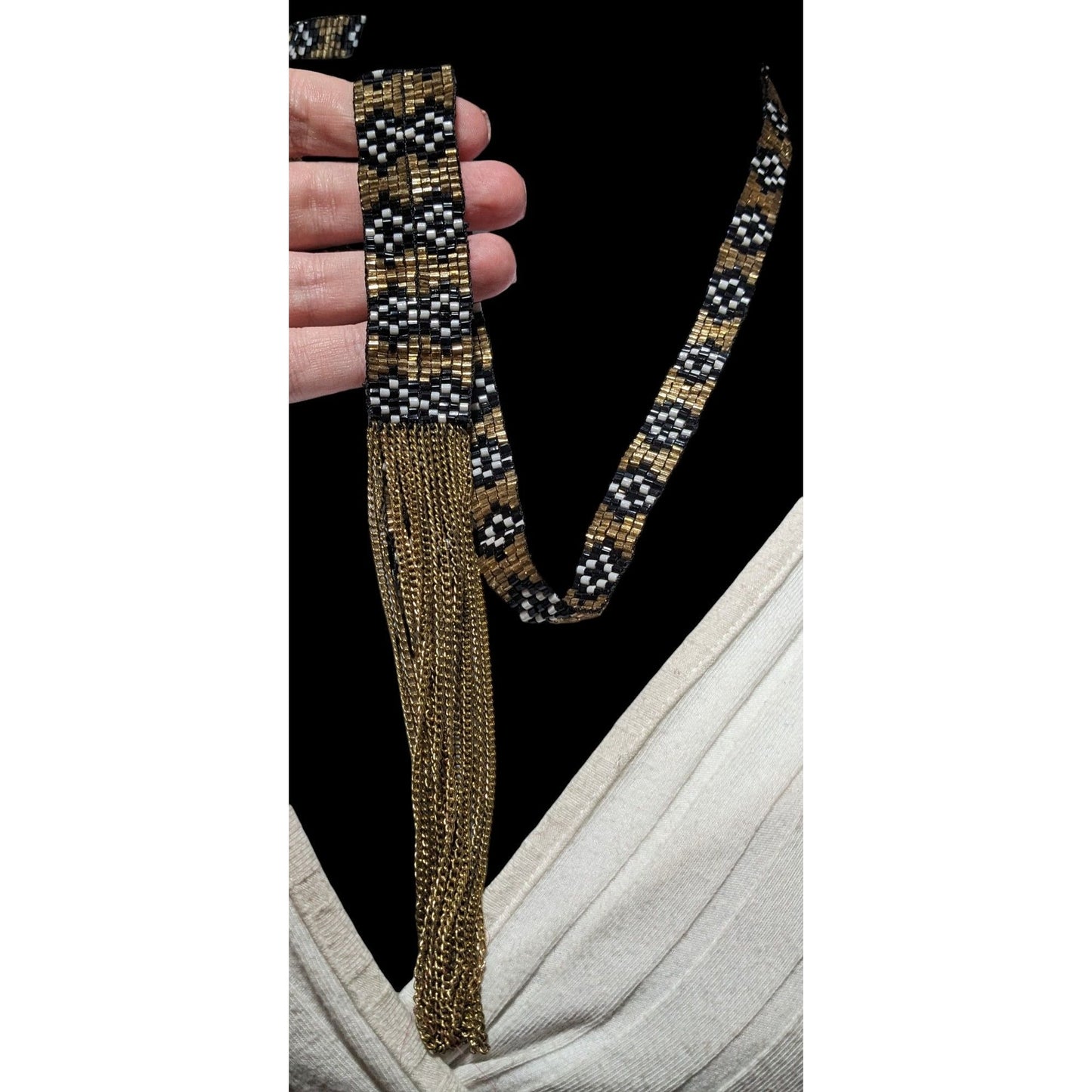 Handmade Gold Beaded Lariat Tassel Necklace