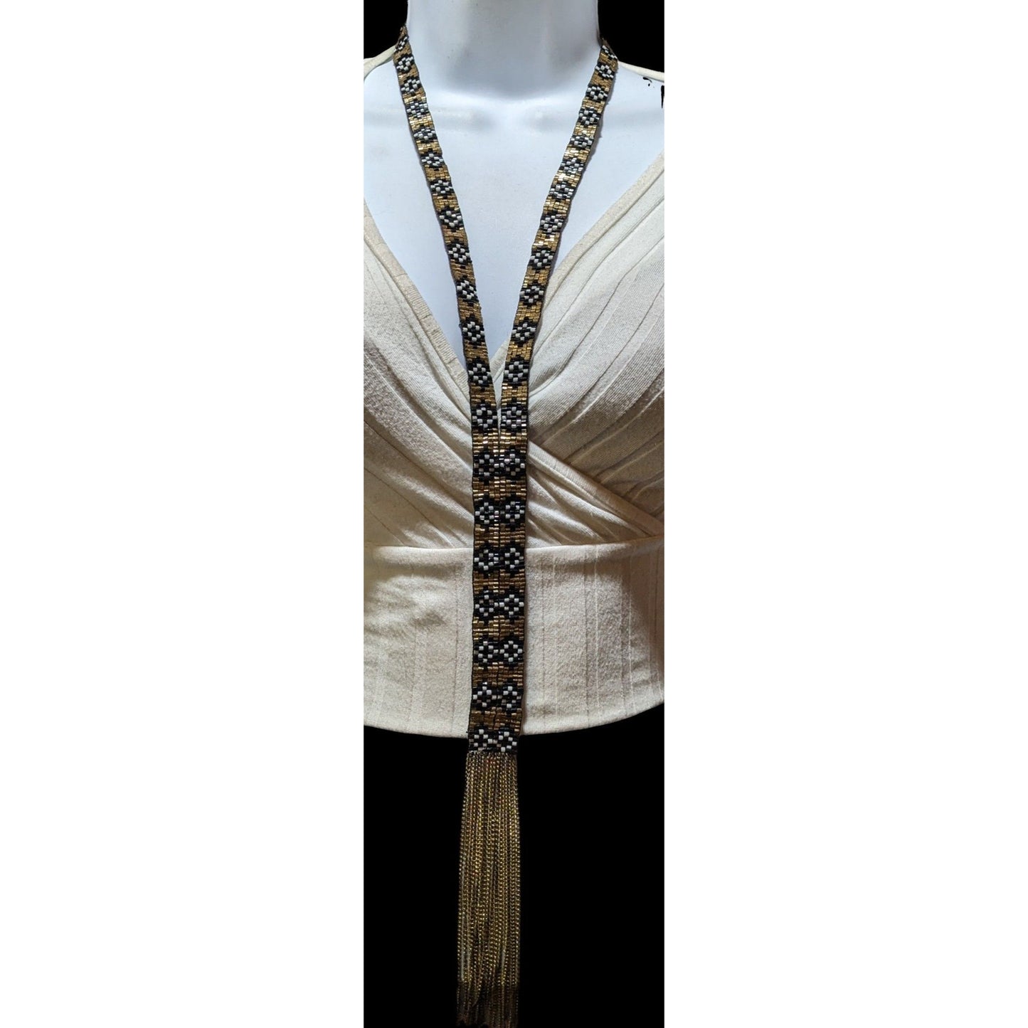 Handmade Gold Beaded Lariat Tassel Necklace