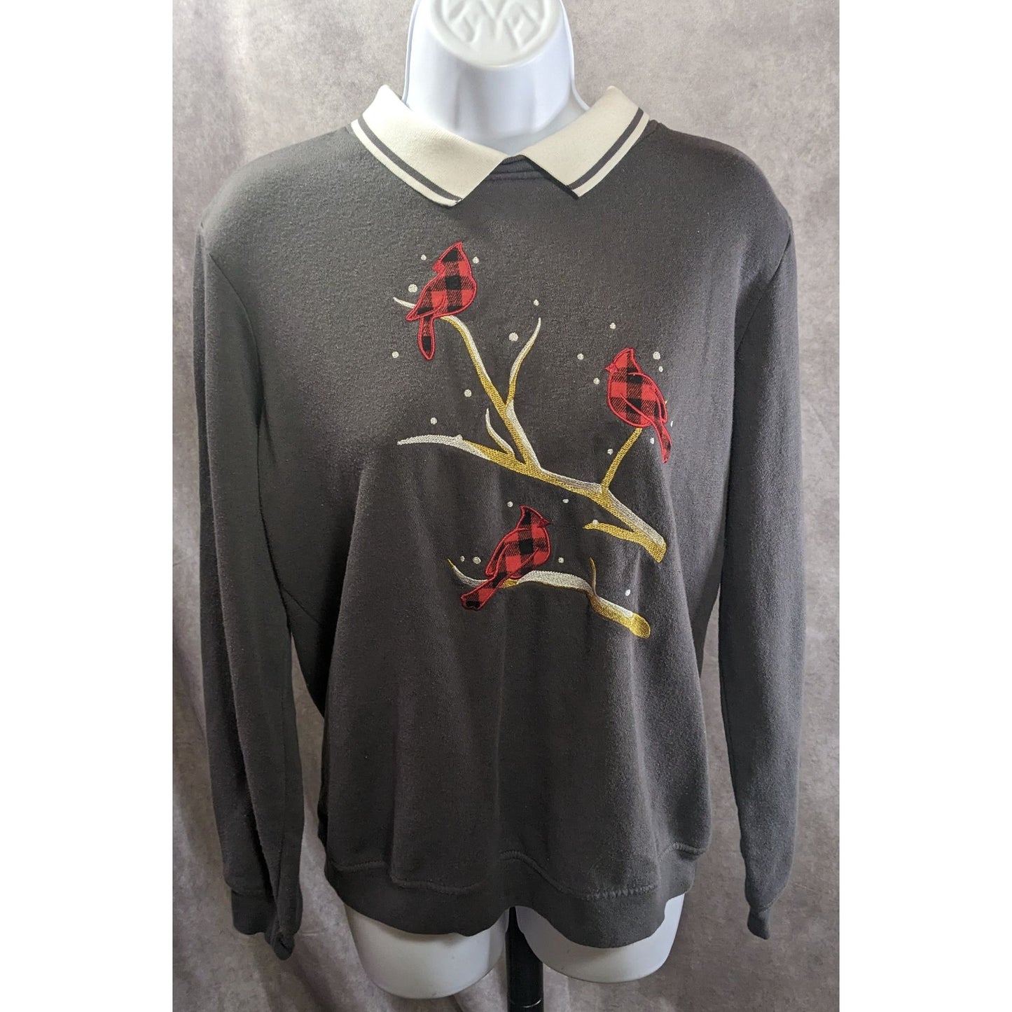 Adrian Delafield Vintage Embroidered Cardinal Sweatshirt With Collared Neck Gray M