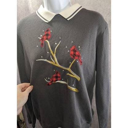 Adrian Delafield Vintage Embroidered Cardinal Sweatshirt With Collared Neck Gray M