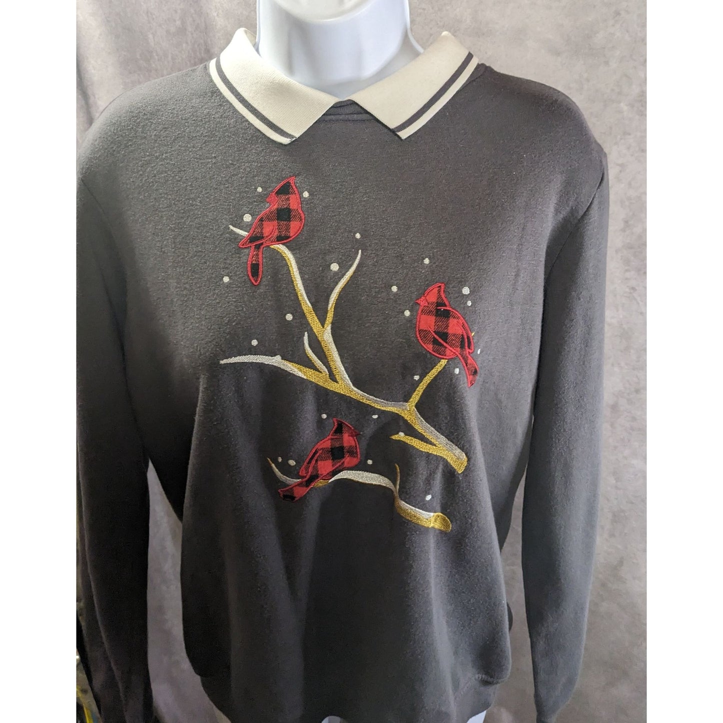 Adrian Delafield Vintage Embroidered Cardinal Sweatshirt With Collared Neck Gray M