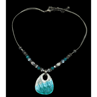 Blue And Silver Tone Glitter Enamel Beaded Pendant Necklace