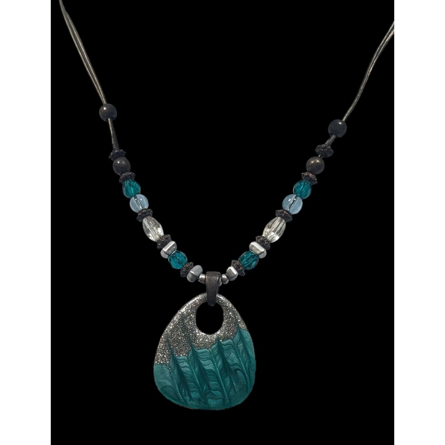 Blue And Silver Tone Glitter Enamel Beaded Pendant Necklace