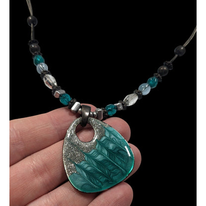 Blue And Silver Tone Glitter Enamel Beaded Pendant Necklace