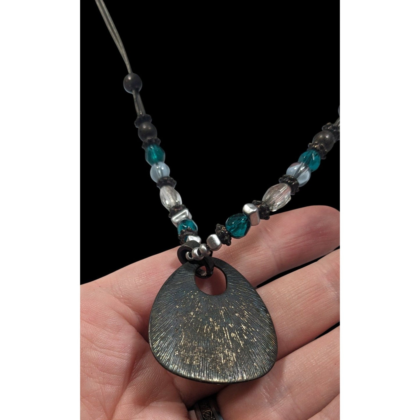 Blue And Silver Tone Glitter Enamel Beaded Pendant Necklace