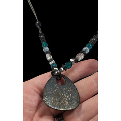 Blue And Silver Tone Glitter Enamel Beaded Pendant Necklace