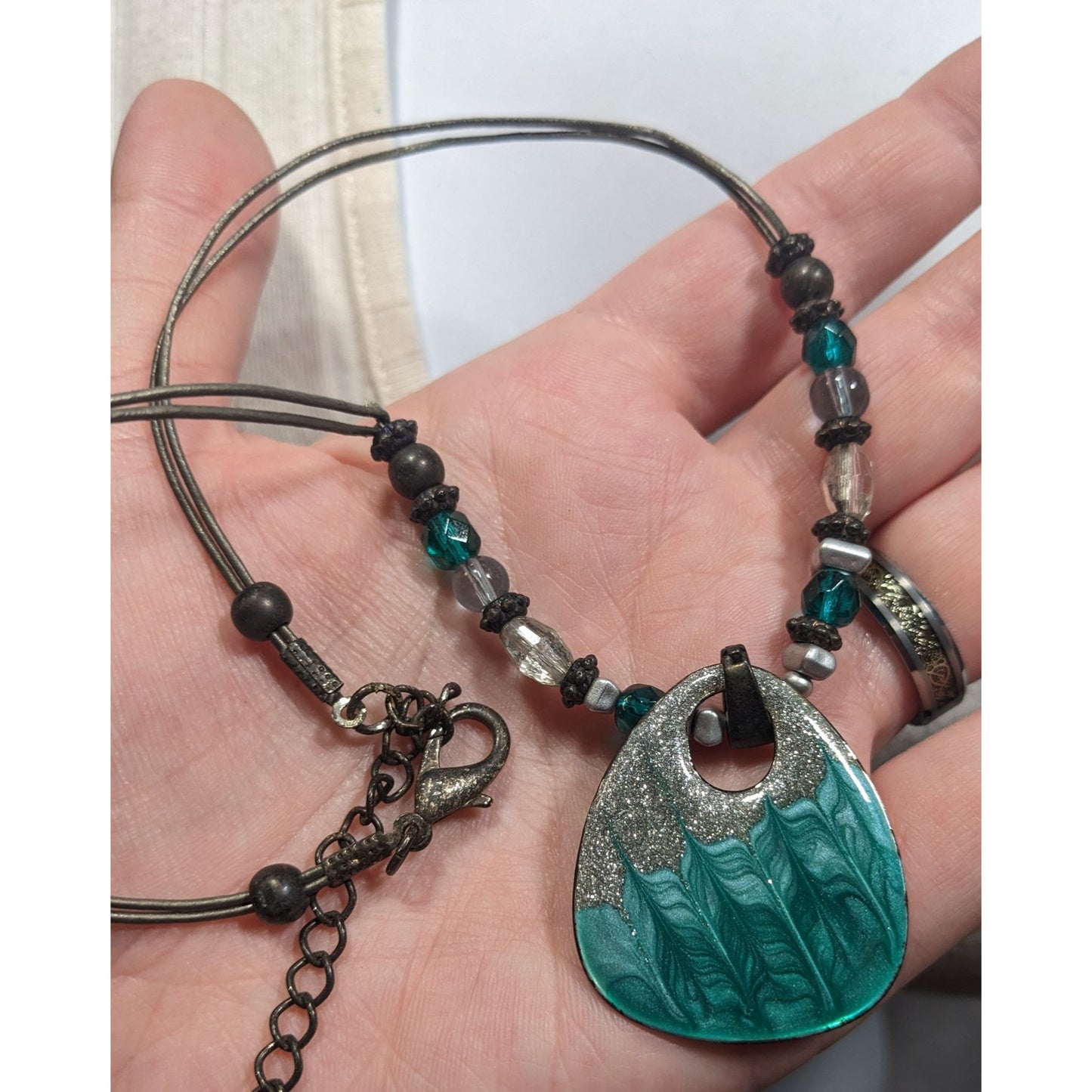 Blue And Silver Tone Glitter Enamel Beaded Pendant Necklace