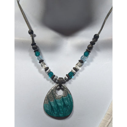 Blue And Silver Tone Glitter Enamel Beaded Pendant Necklace