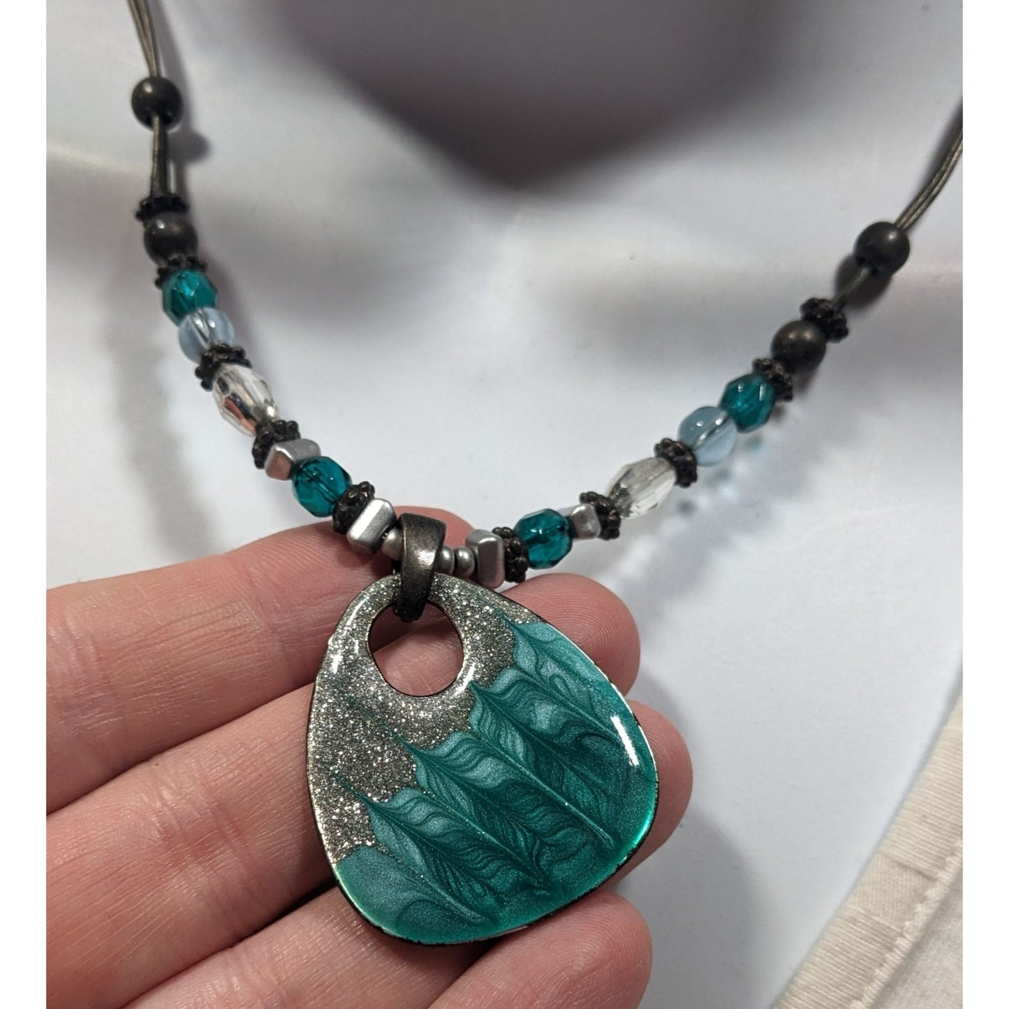 Blue And Silver Tone Glitter Enamel Beaded Pendant Necklace