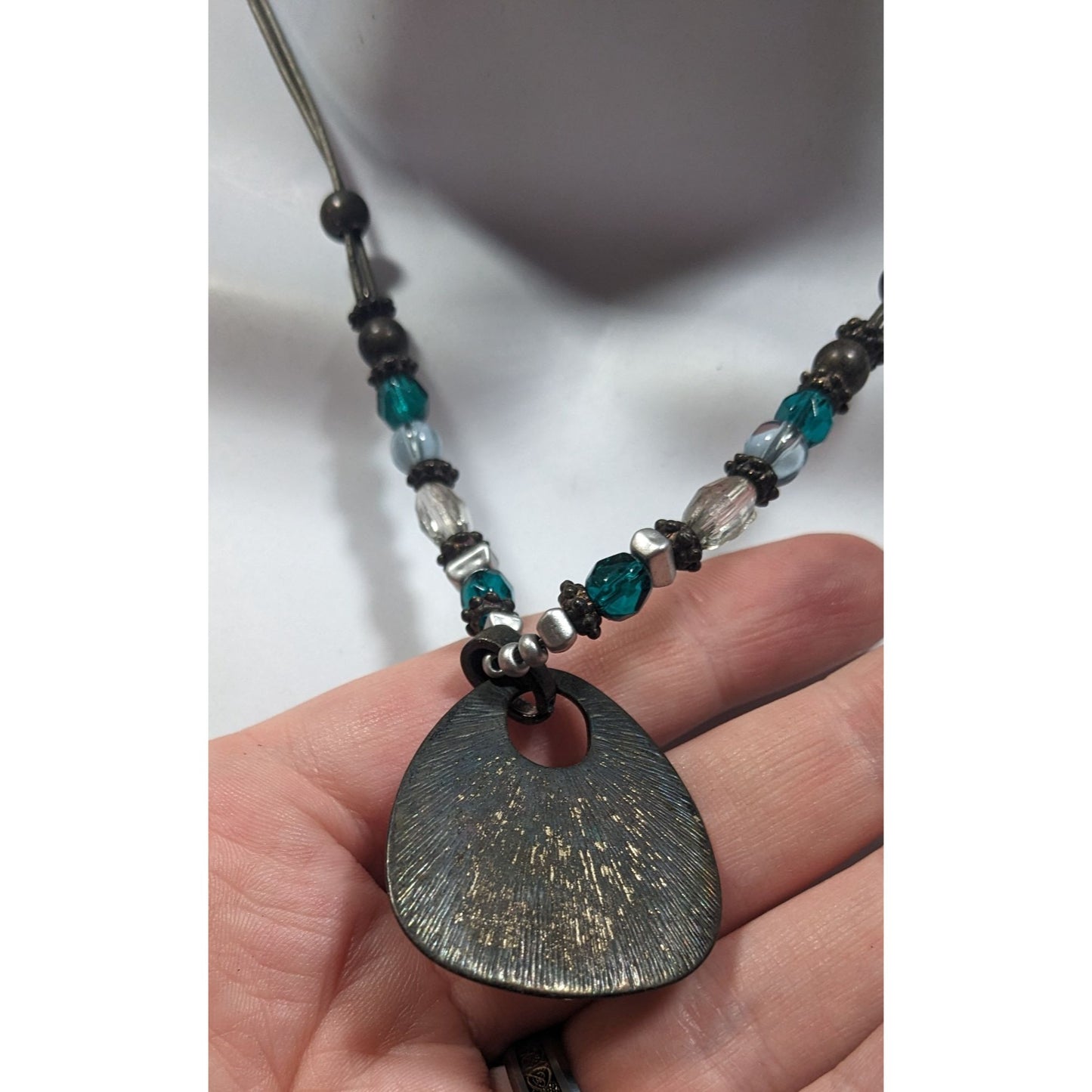 Blue And Silver Tone Glitter Enamel Beaded Pendant Necklace