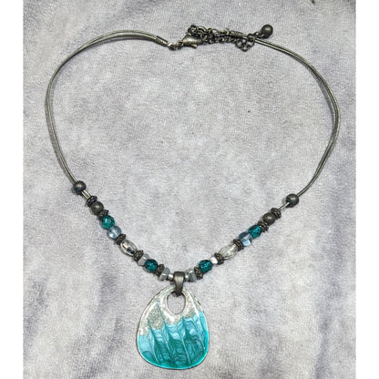Blue And Silver Tone Glitter Enamel Beaded Pendant Necklace