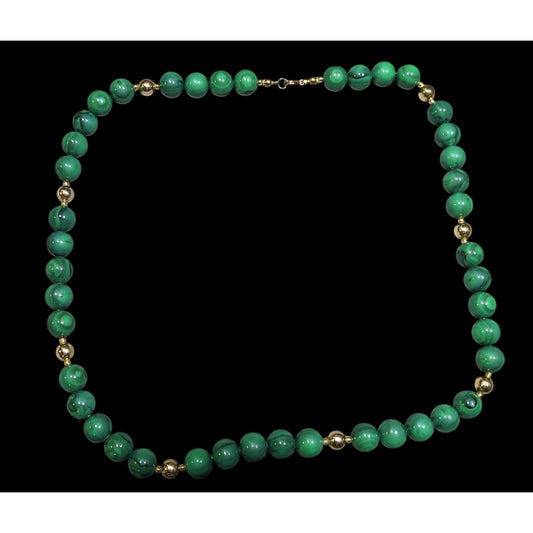 Faux Malachite Green And Gold Tone Beaded Necklace