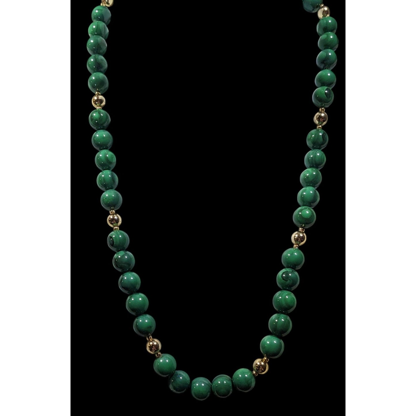 Faux Malachite Green And Gold Tone Beaded Necklace