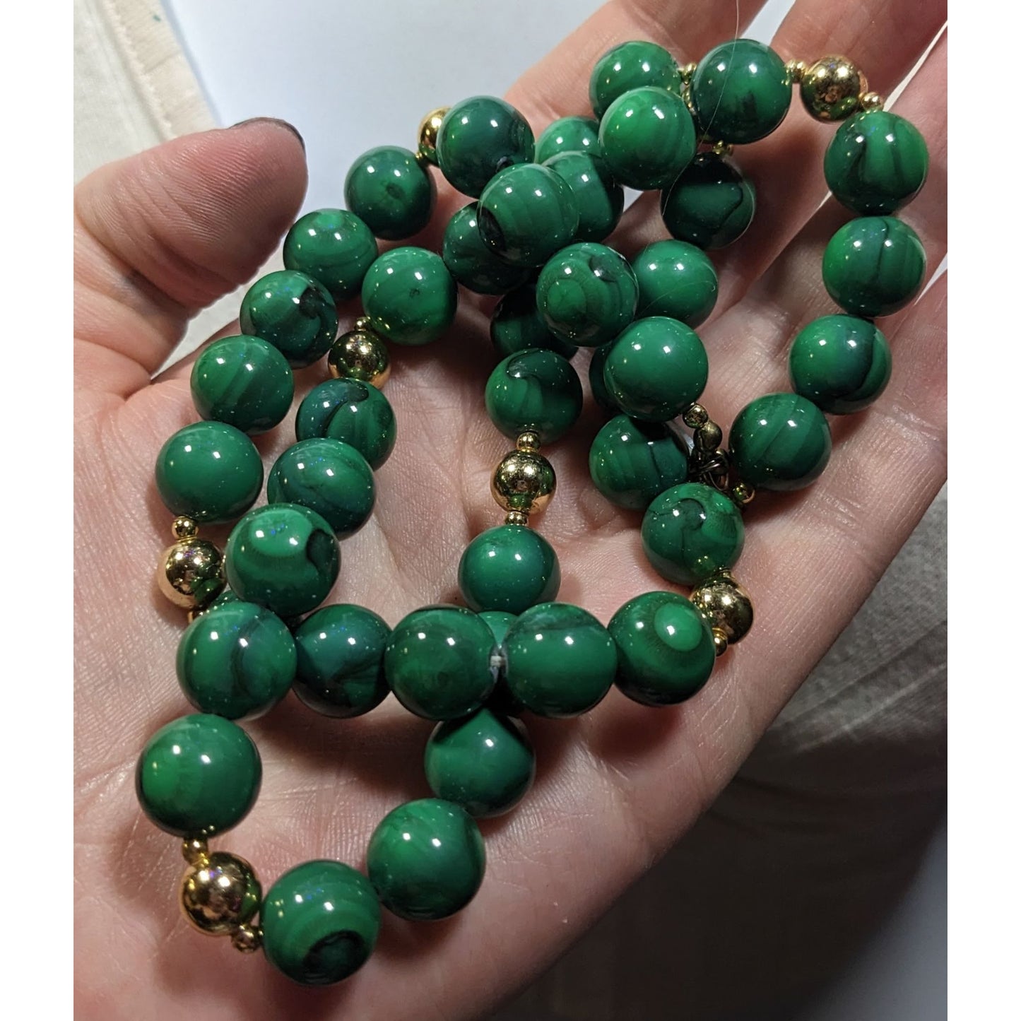 Faux Malachite Green And Gold Tone Beaded Necklace
