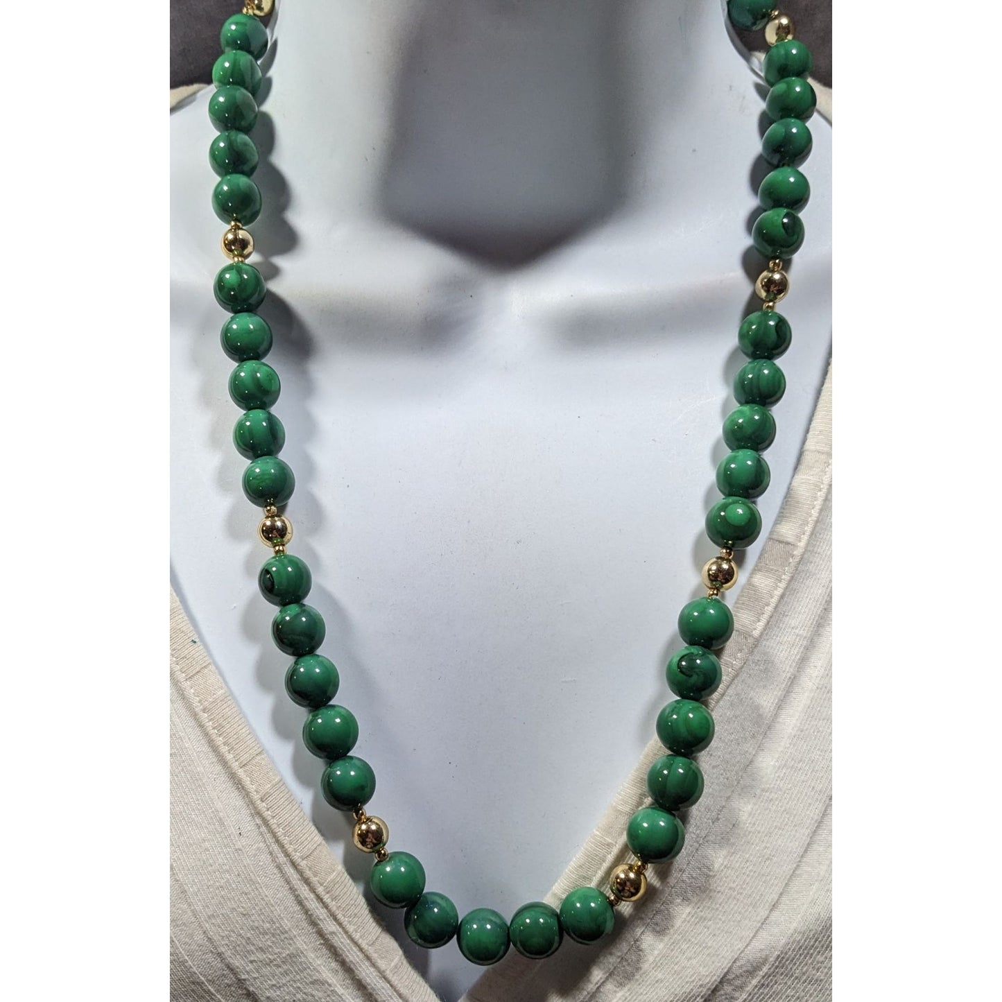Faux Malachite Green And Gold Tone Beaded Necklace