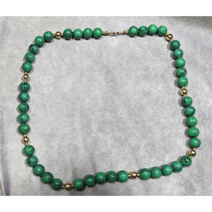 Faux Malachite Green And Gold Tone Beaded Necklace