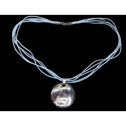 Distressed Casual Round Pendant Necklace With Multi-Strand Light Blue Cord