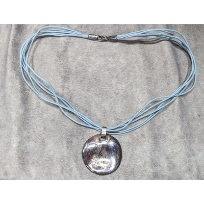 Distressed Casual Round Pendant Necklace With Multi-Strand Light Blue Cord