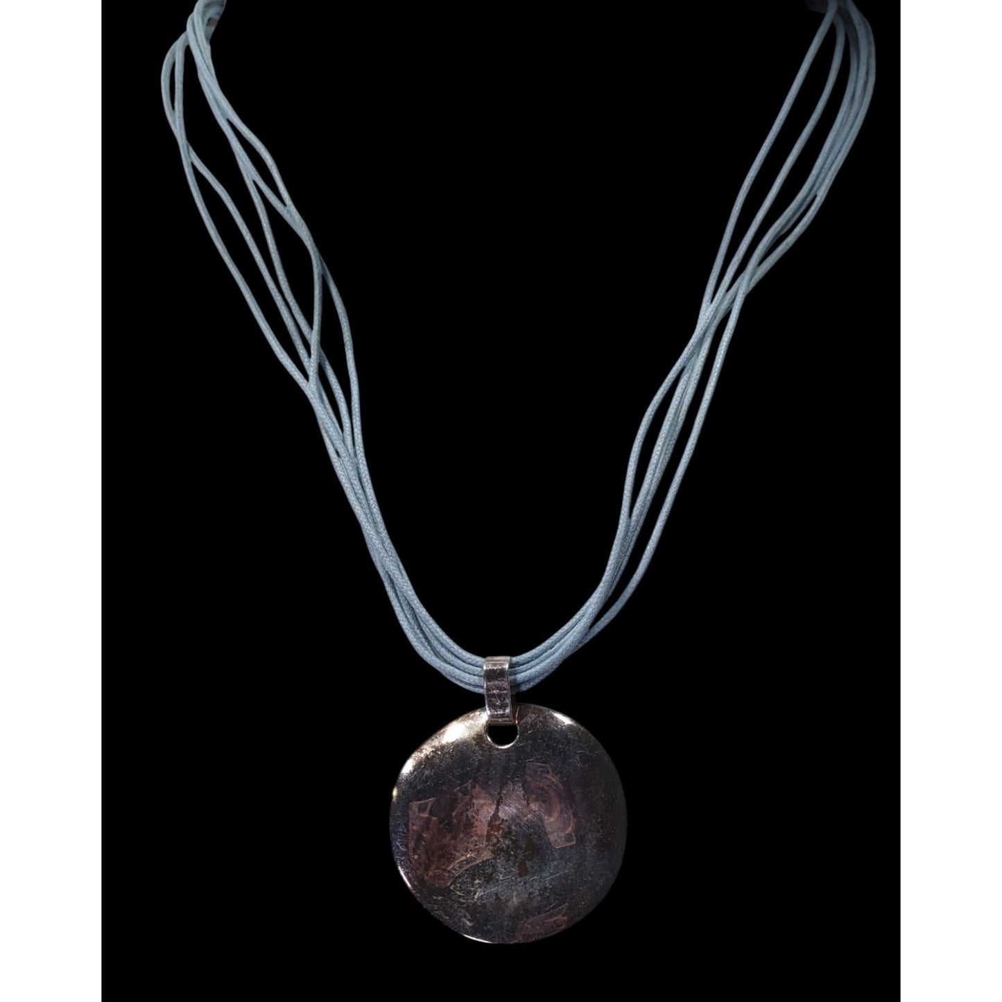 Distressed Casual Round Pendant Necklace With Multi-Strand Light Blue Cord