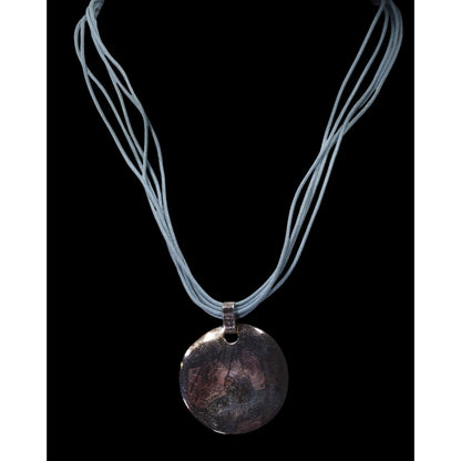 Distressed Casual Round Pendant Necklace With Multi-Strand Light Blue Cord