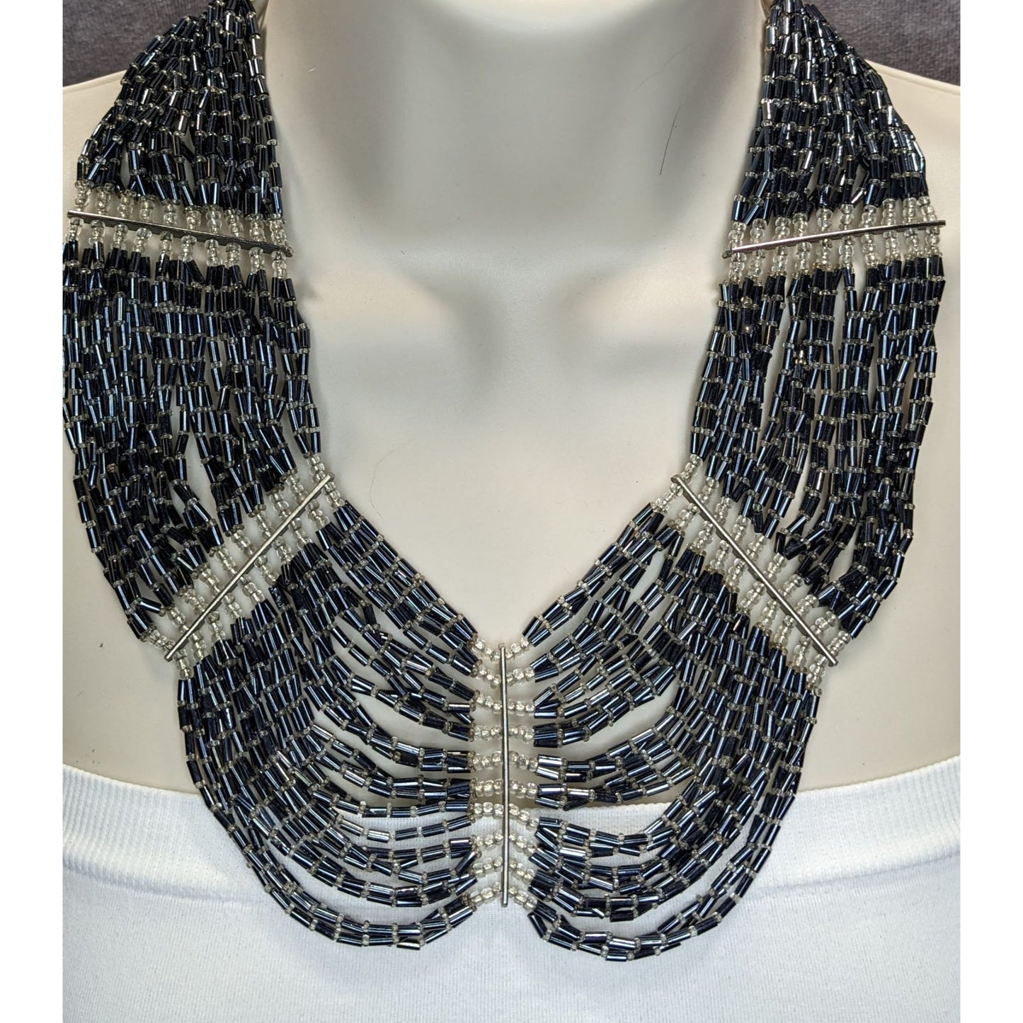 Vintage Monet Glass Beaded Festoon Necklace Silver Tone Glam Statement Jewelry