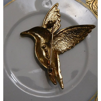 Vintage Humming Bird Brooch With Rhinestones And Enamel
