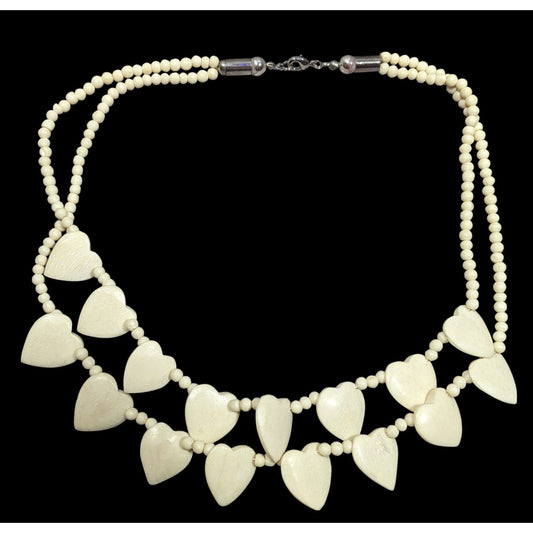 Vintage Hand Carved Heart Cow Bone Beaded Necklace