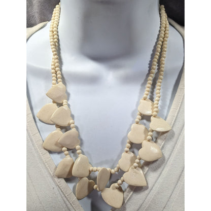 Vintage Hand Carved Heart Cow Bone Beaded Necklace