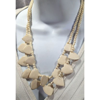Vintage Hand Carved Heart Cow Bone Beaded Necklace