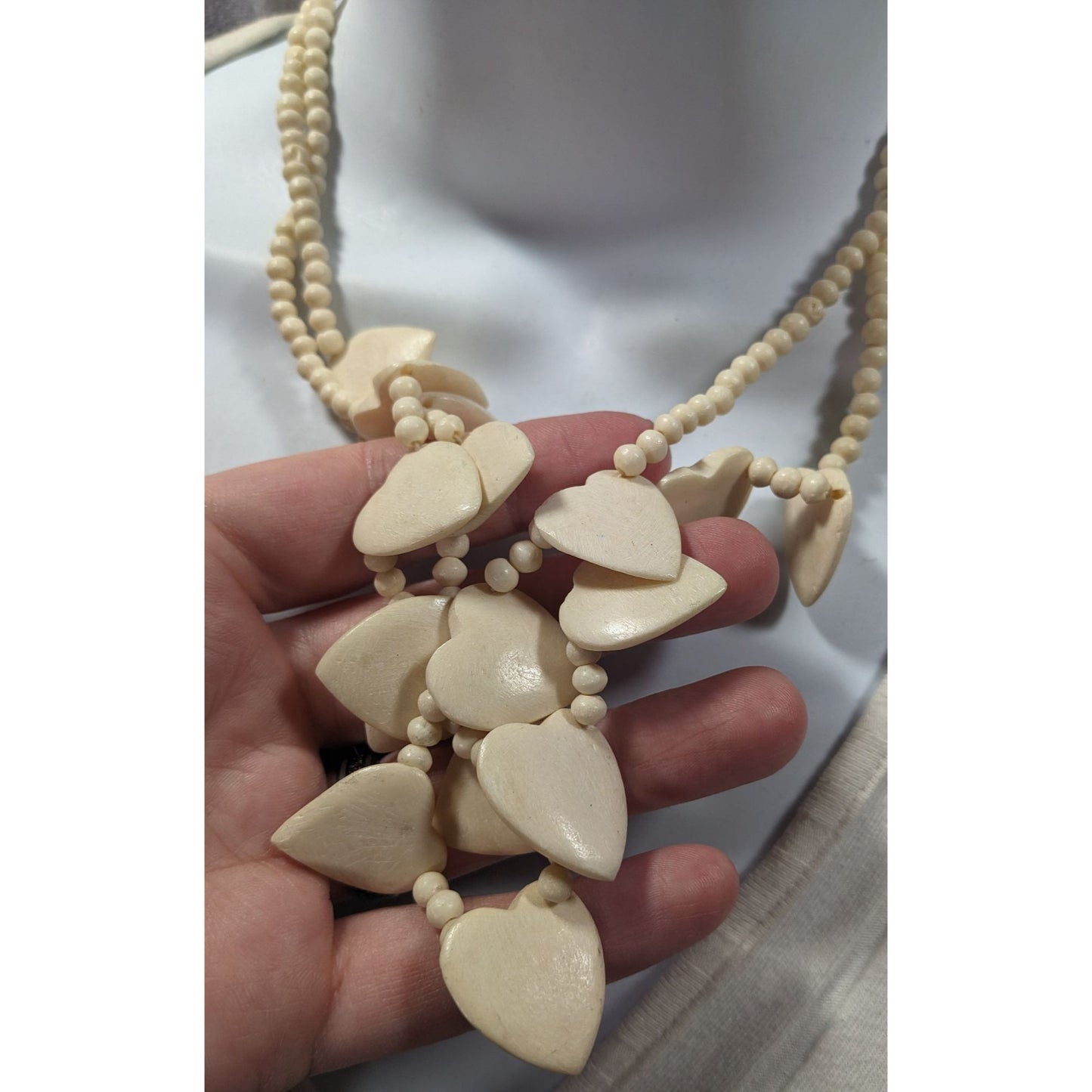 Vintage Hand Carved Heart Cow Bone Beaded Necklace