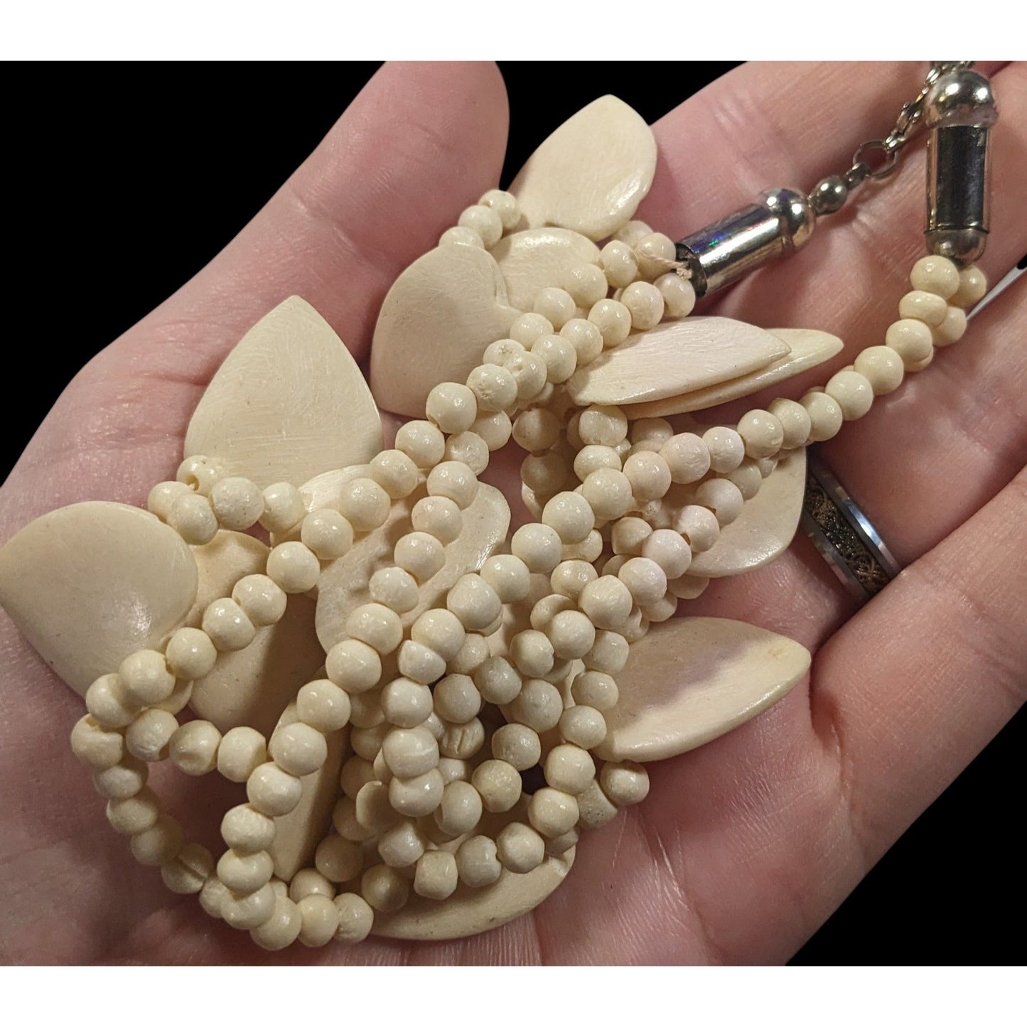 Vintage Hand Carved Heart Cow Bone Beaded Necklace