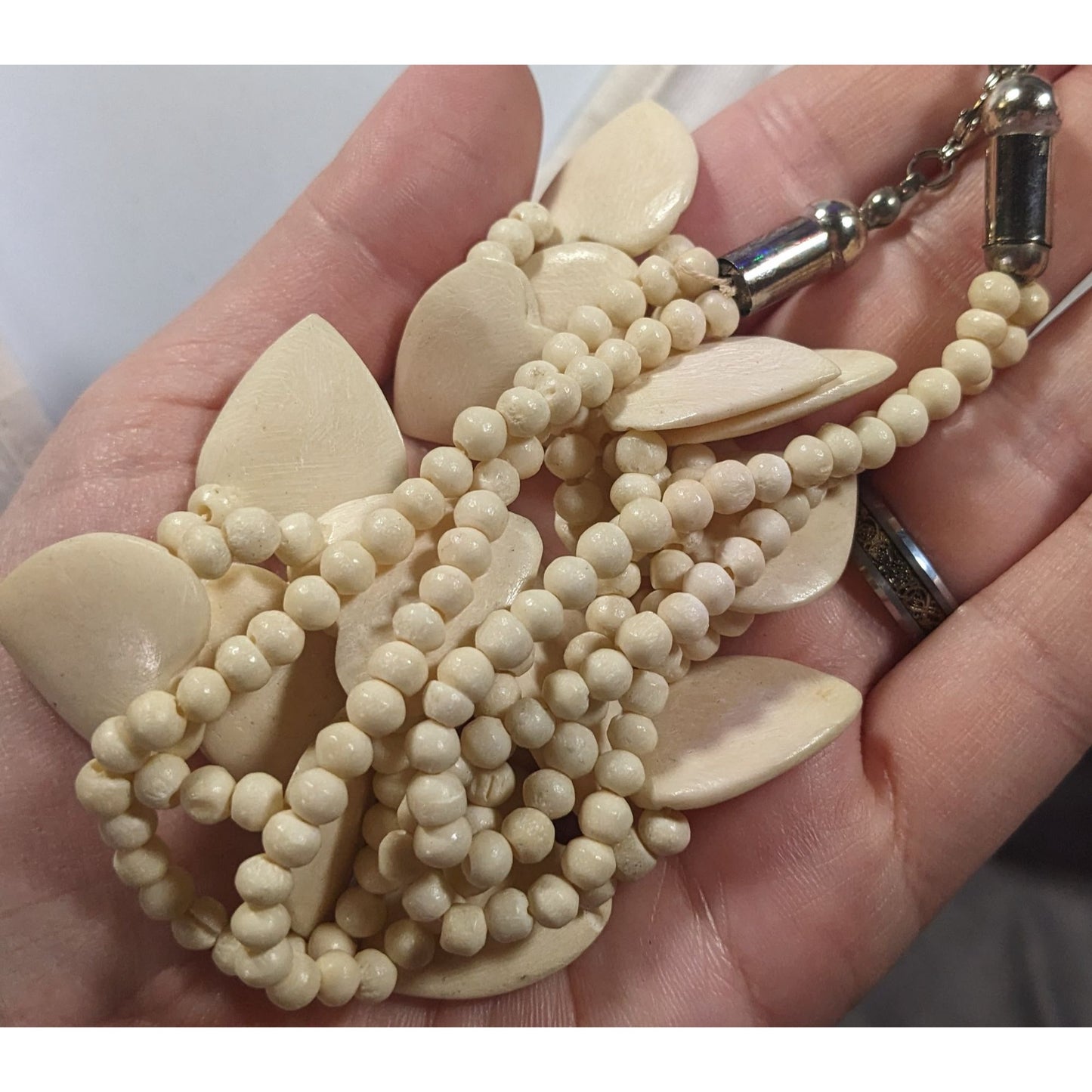 Vintage Hand Carved Heart Cow Bone Beaded Necklace