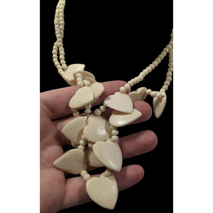 Vintage Hand Carved Heart Cow Bone Beaded Necklace