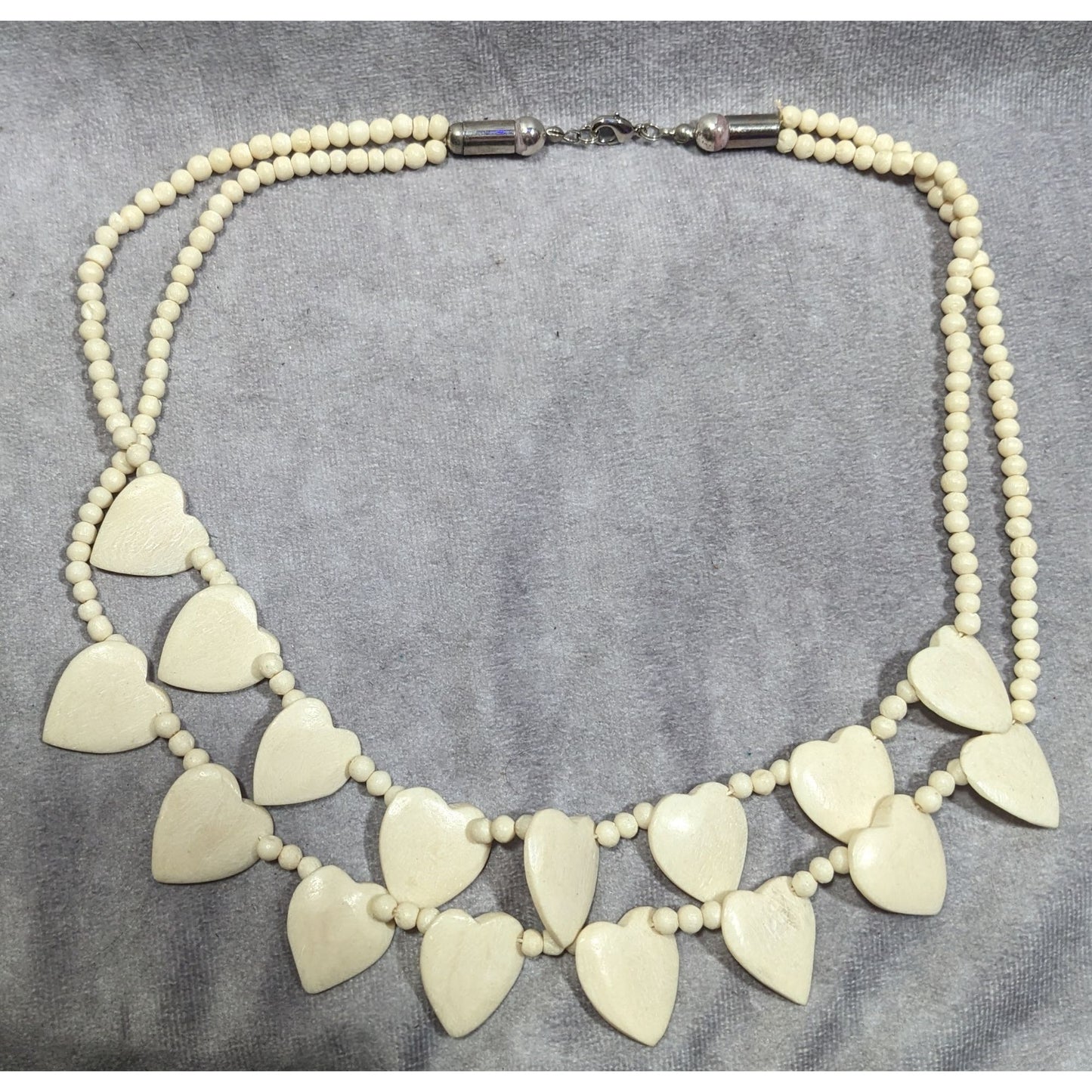 Vintage Hand Carved Heart Cow Bone Beaded Necklace