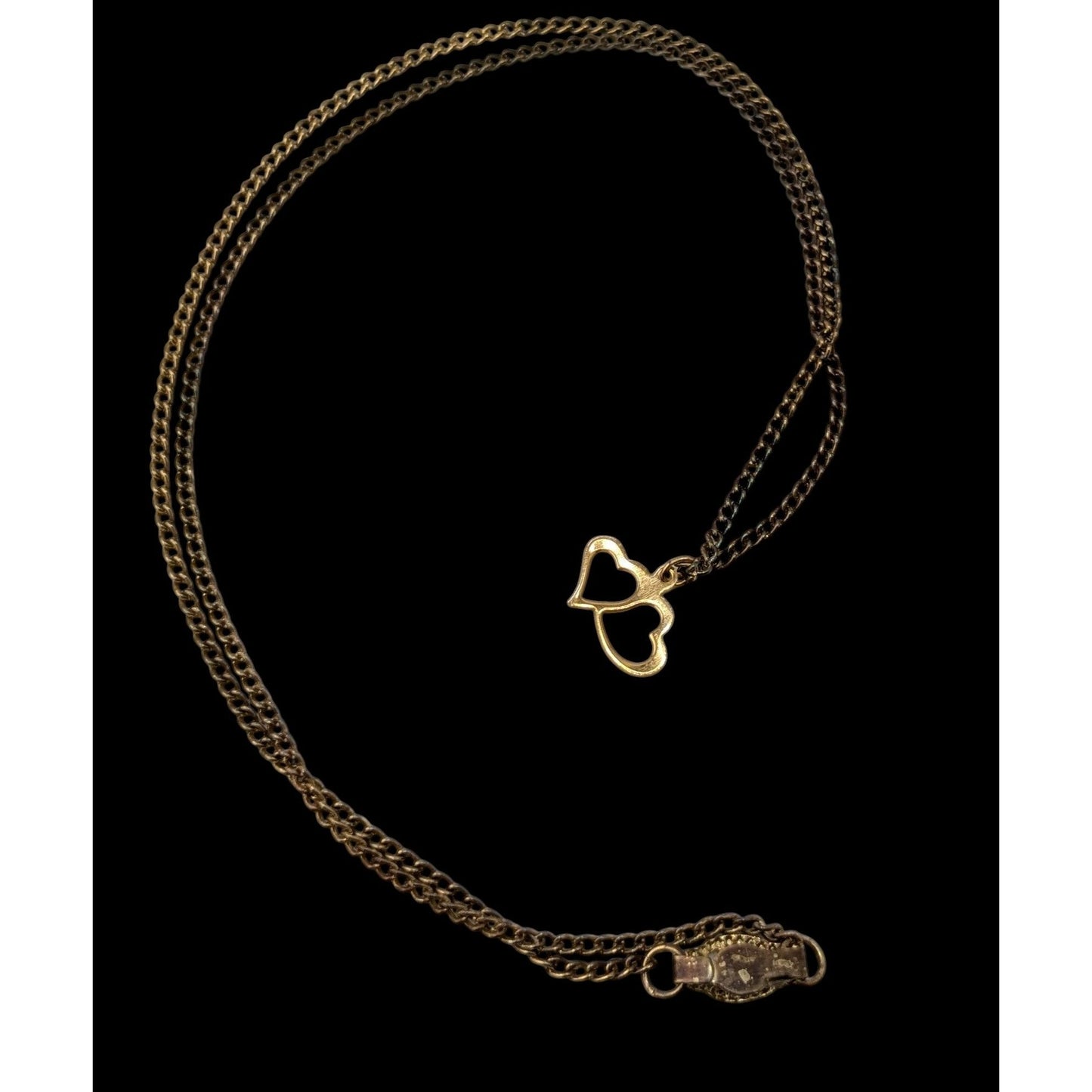Vintage Dainty Double Open Heart Pendant Necklace Gold Tone Romantic Jewelry