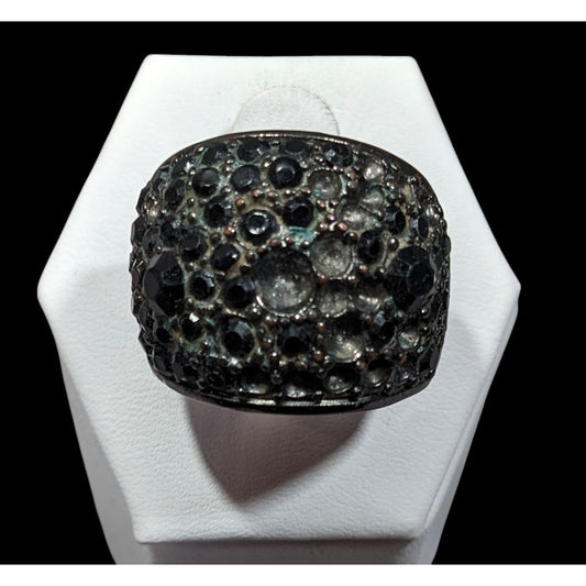 Chunky Black And Silver Dome Rhinestone Dome Ring Size 8 1/4