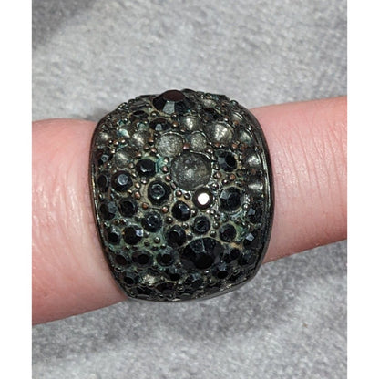 Chunky Black And Silver Dome Rhinestone Dome Ring Size 8 1/4