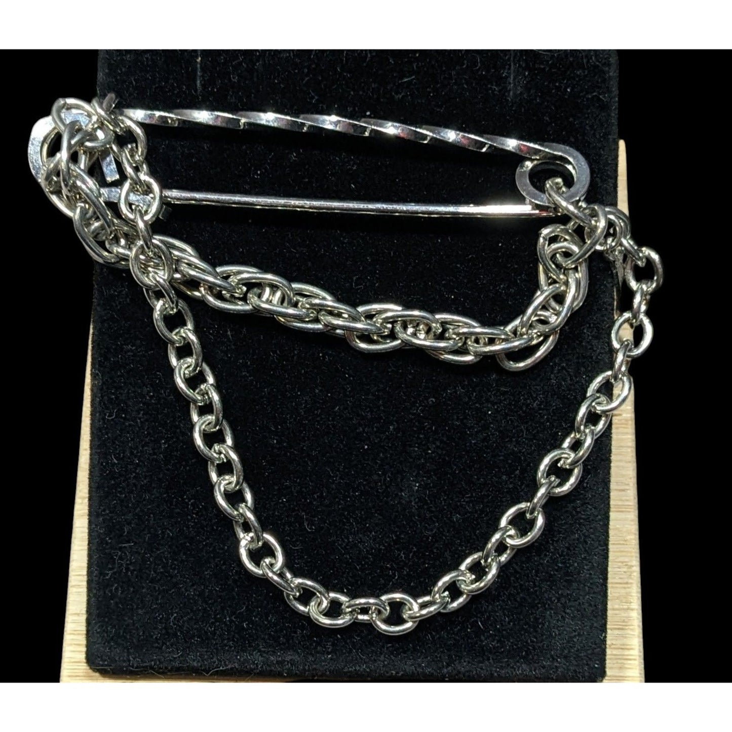 Retro Punk Safety Pin Brooch With Chains and Charm