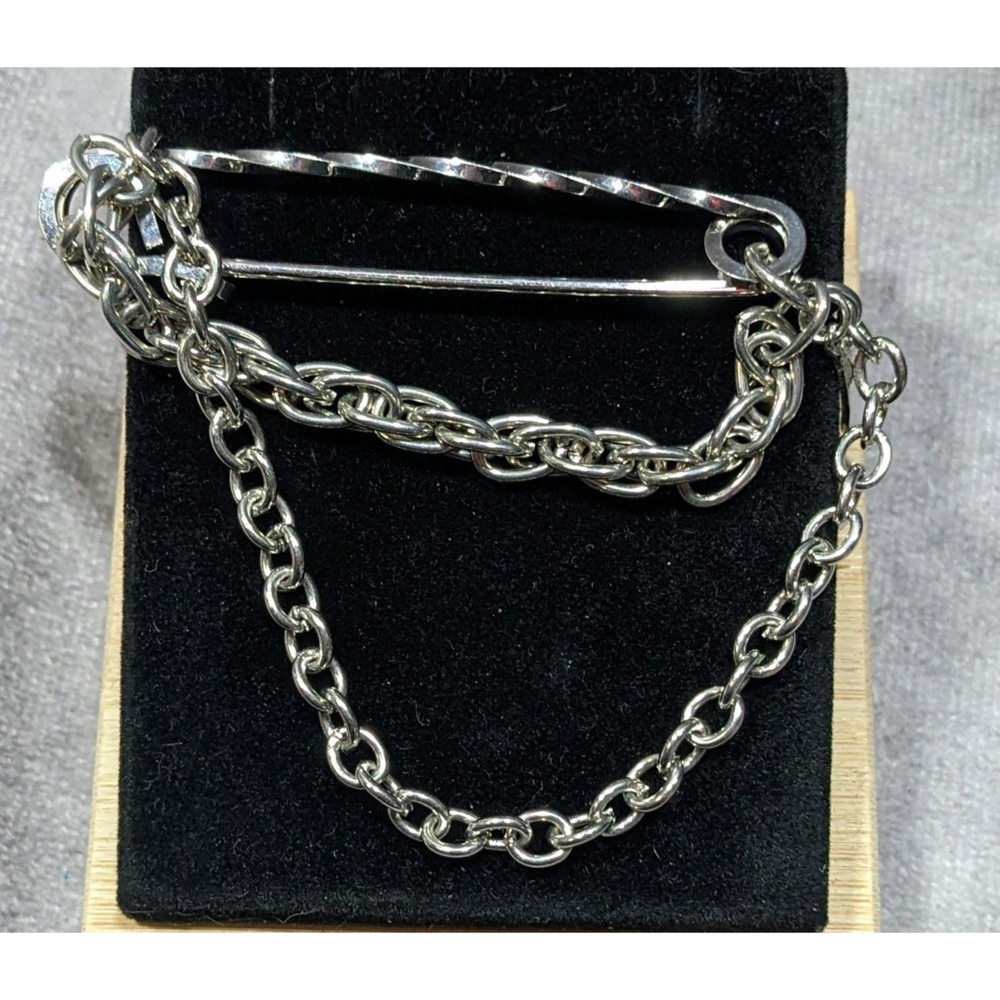 Retro Punk Safety Pin Brooch With Chains and Charm