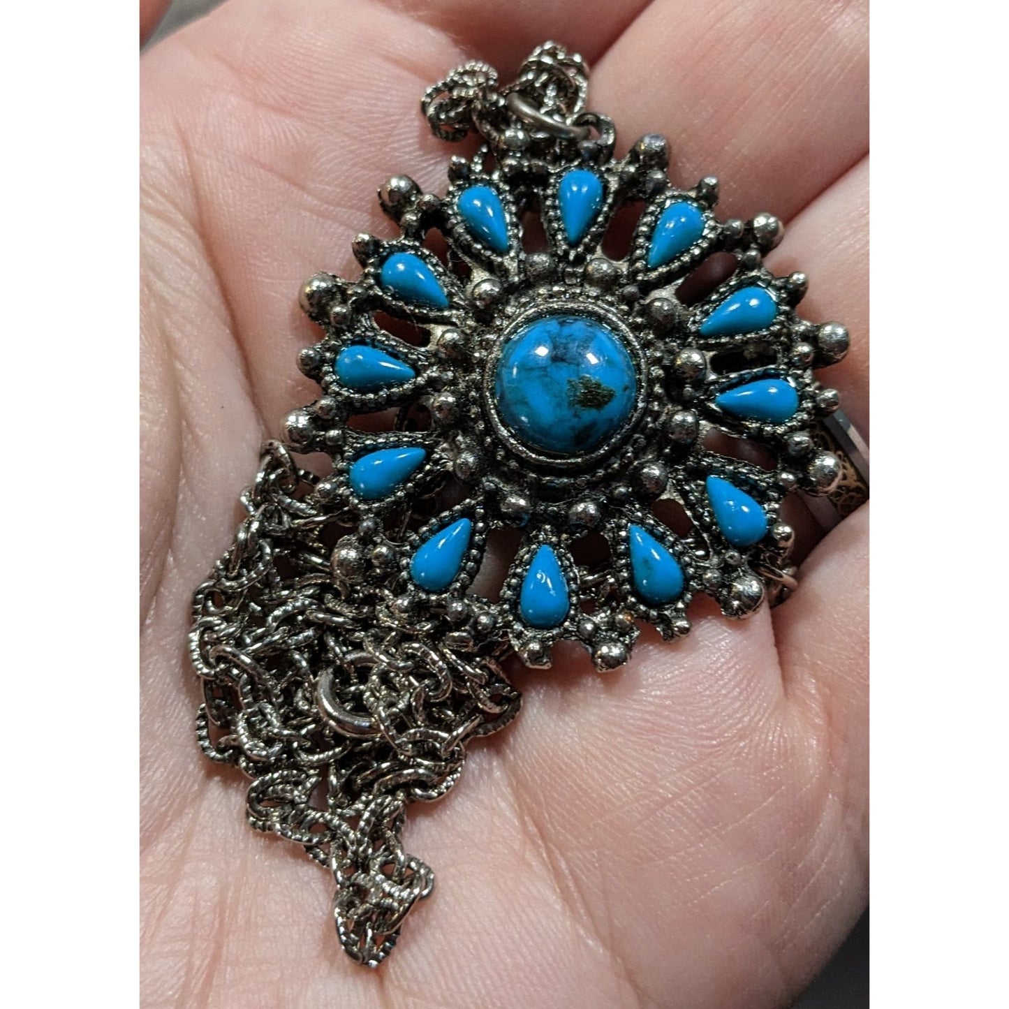 Vintage Southwestern Sunburst Faux Turquoise Pendant Necklace