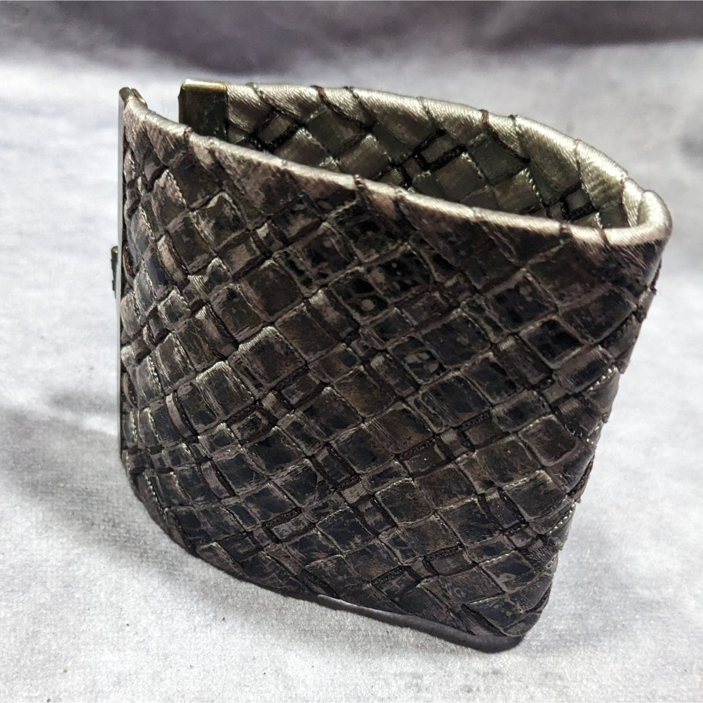 Distressed Metallic Wide Woven Ribbon Bracelet