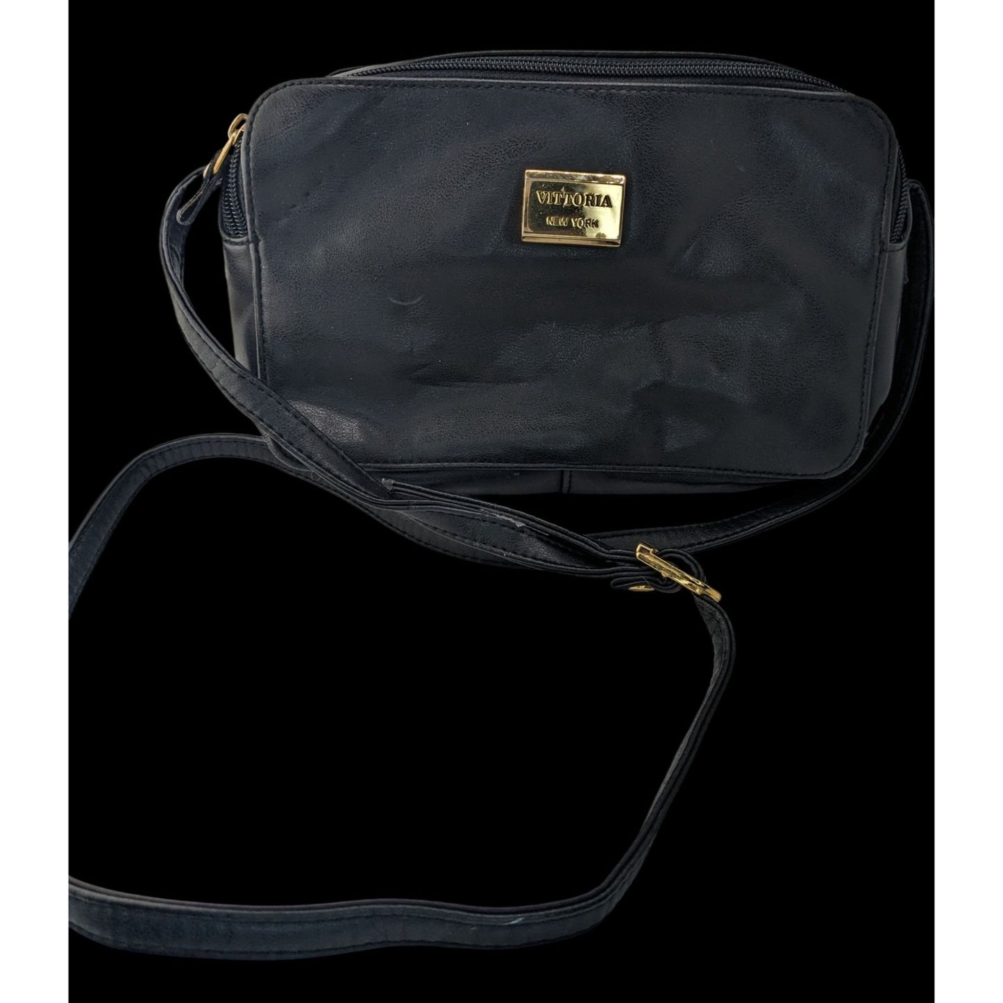 Vittoria New York Black Faux Leather Crossbody Bag With Gold Logo Plate & Adjustable Strap