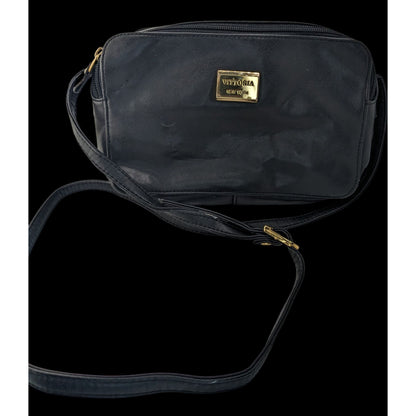 Vittoria New York Black Faux Leather Crossbody Bag With Gold Logo Plate & Adjustable Strap