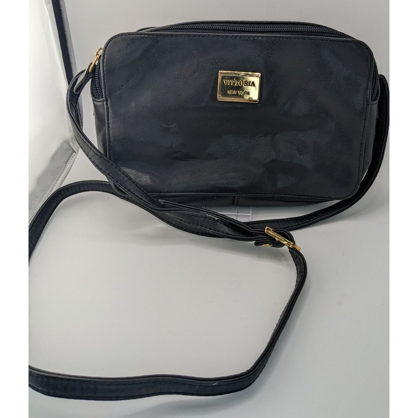 Vittoria New York Black Faux Leather Crossbody Bag With Gold Logo Plate & Adjustable Strap