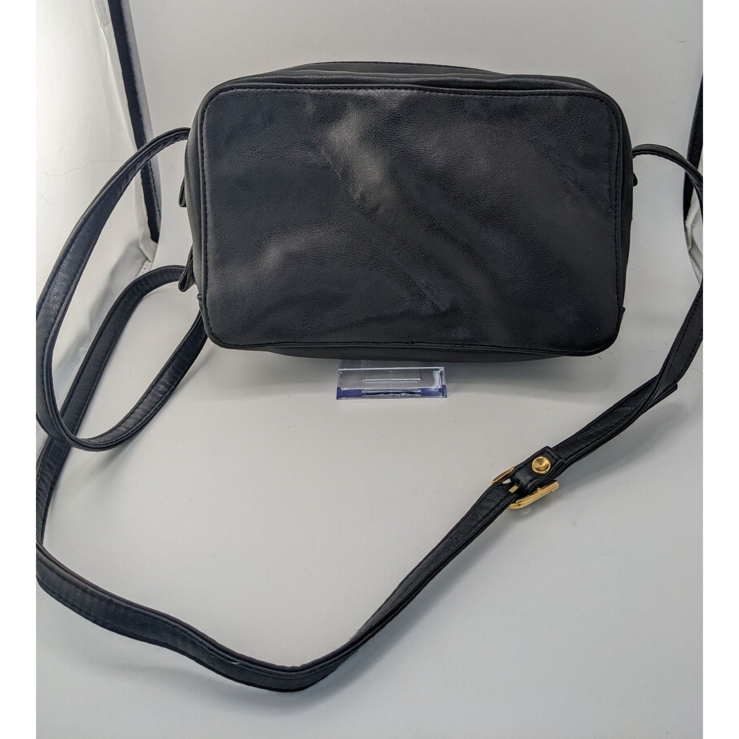 Vittoria New York Black Faux Leather Crossbody Bag With Gold Logo Plate & Adjustable Strap