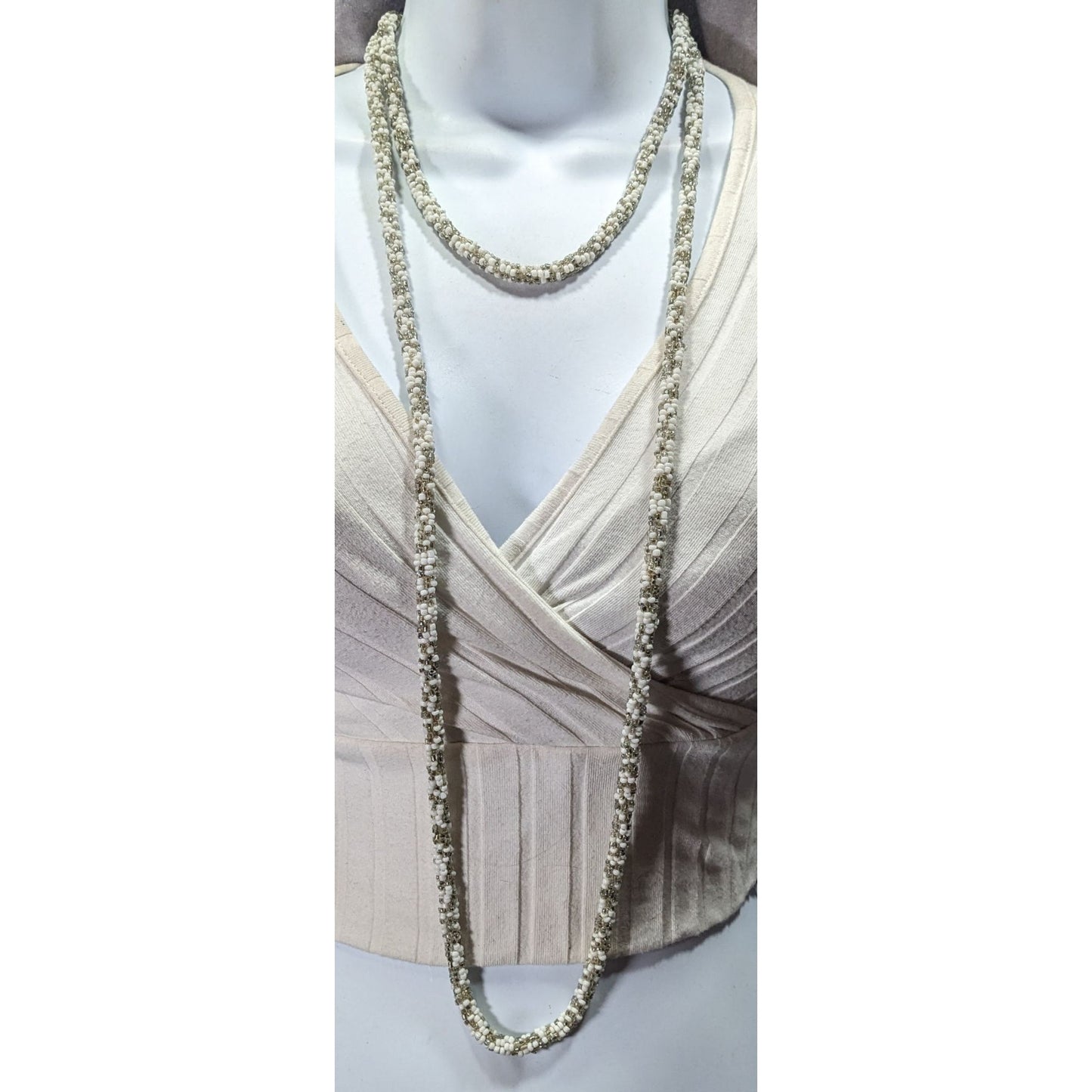 Grey And White Glass Beaded Rope Necklace
