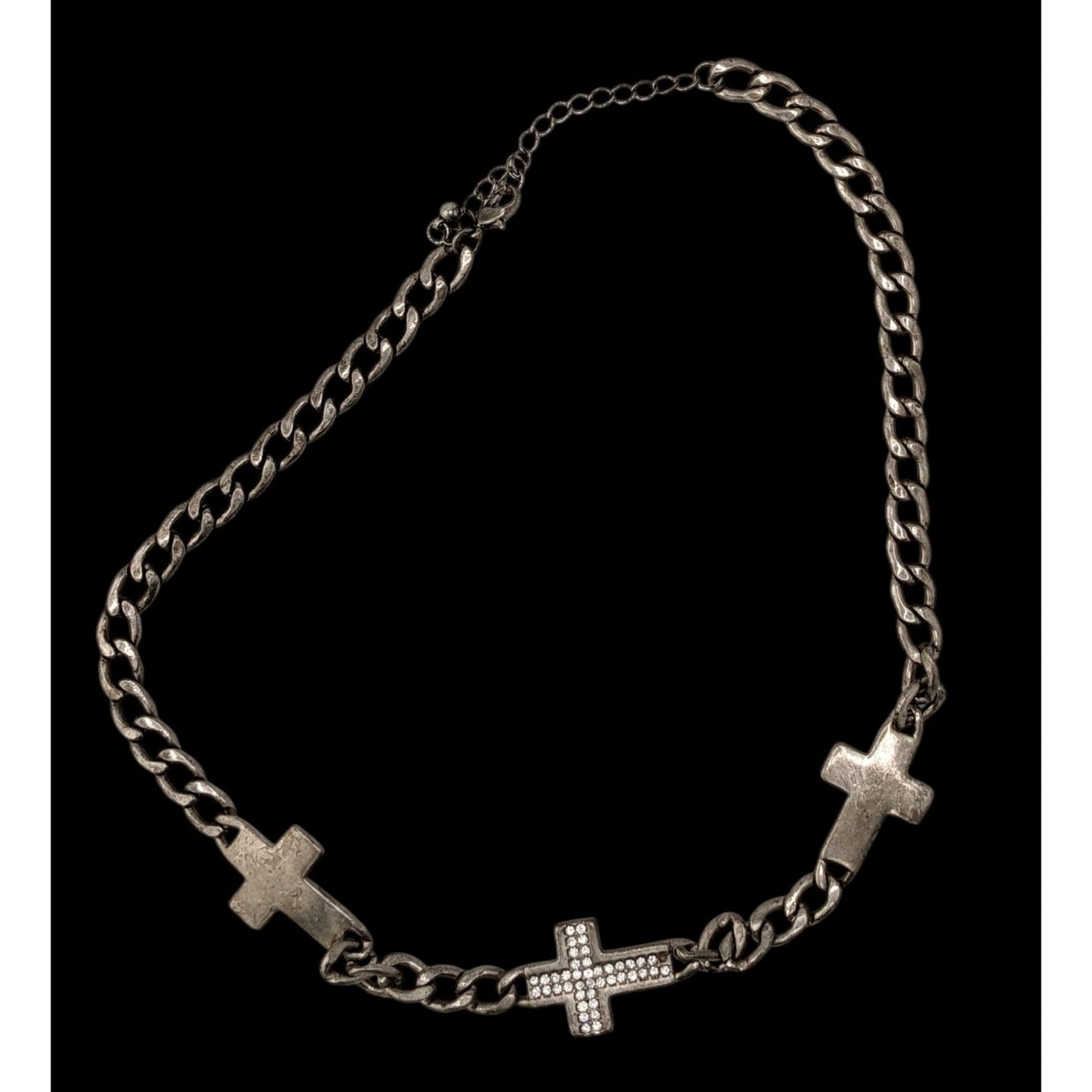 Glam Goth Triple Cross Necklace With Rhinestone Accents
