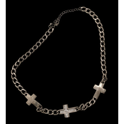 Glam Goth Triple Cross Necklace With Rhinestone Accents